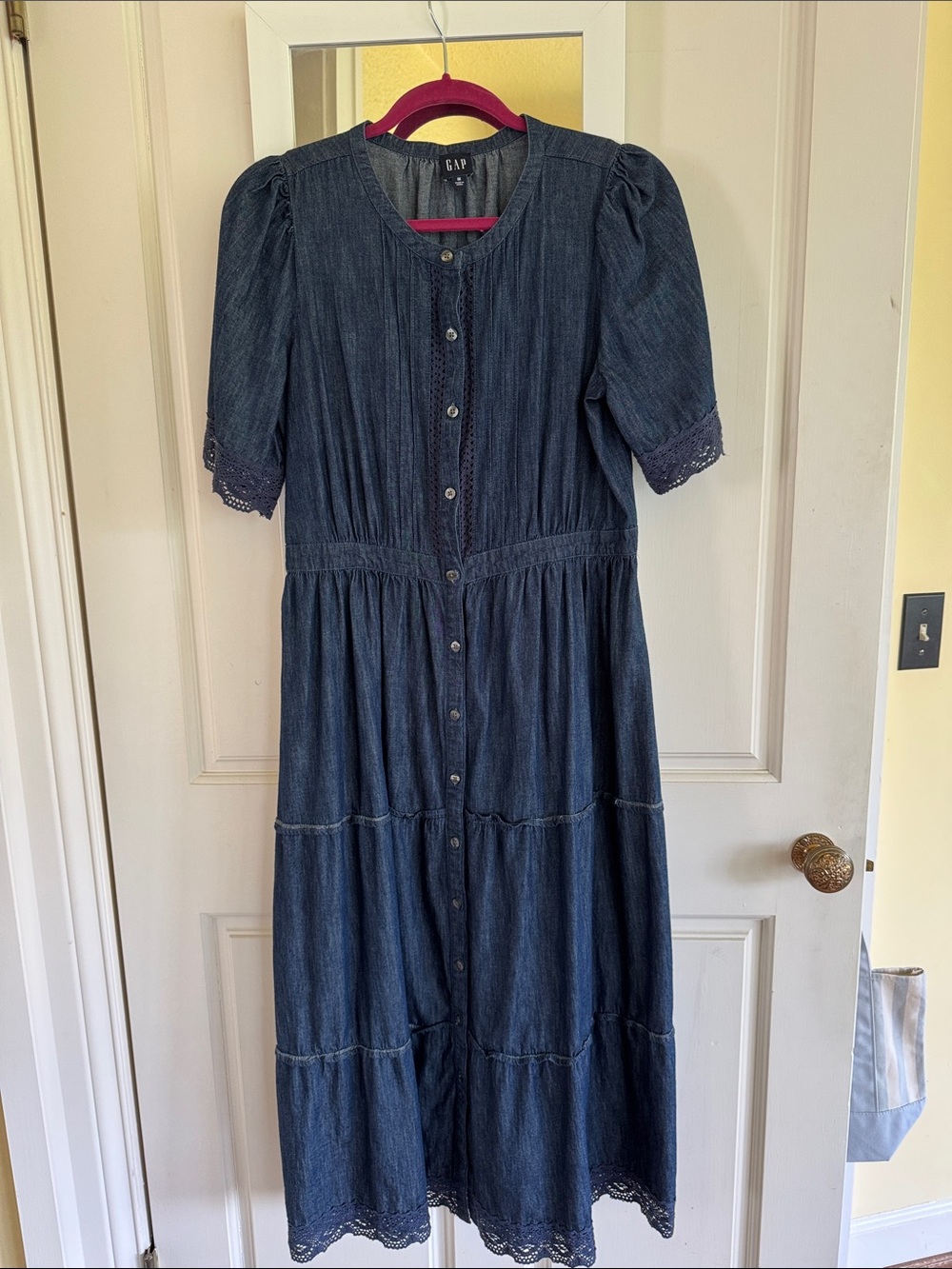 GAP Women's Indigo Denim Button-Front Tiered Midi Dress